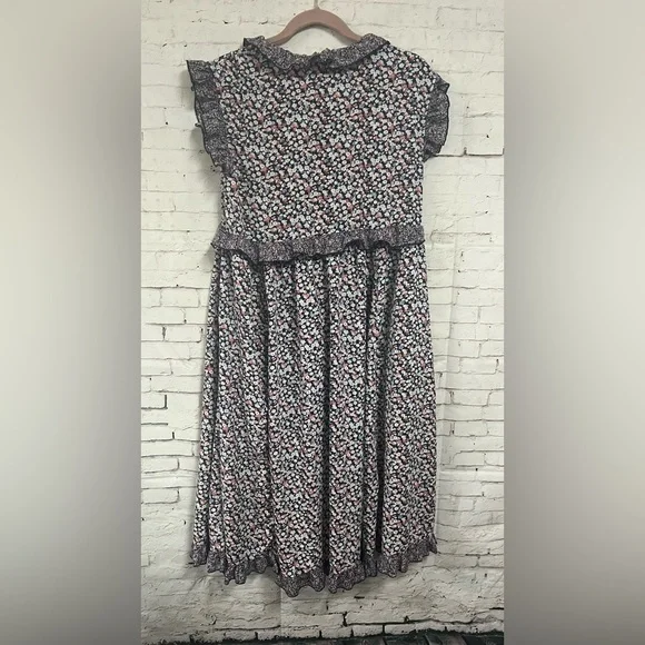 Easel Tiered Midi Dress Purple Floral Ruffle Sleeve Boho Cottage Core Large - Picture 2 of 12